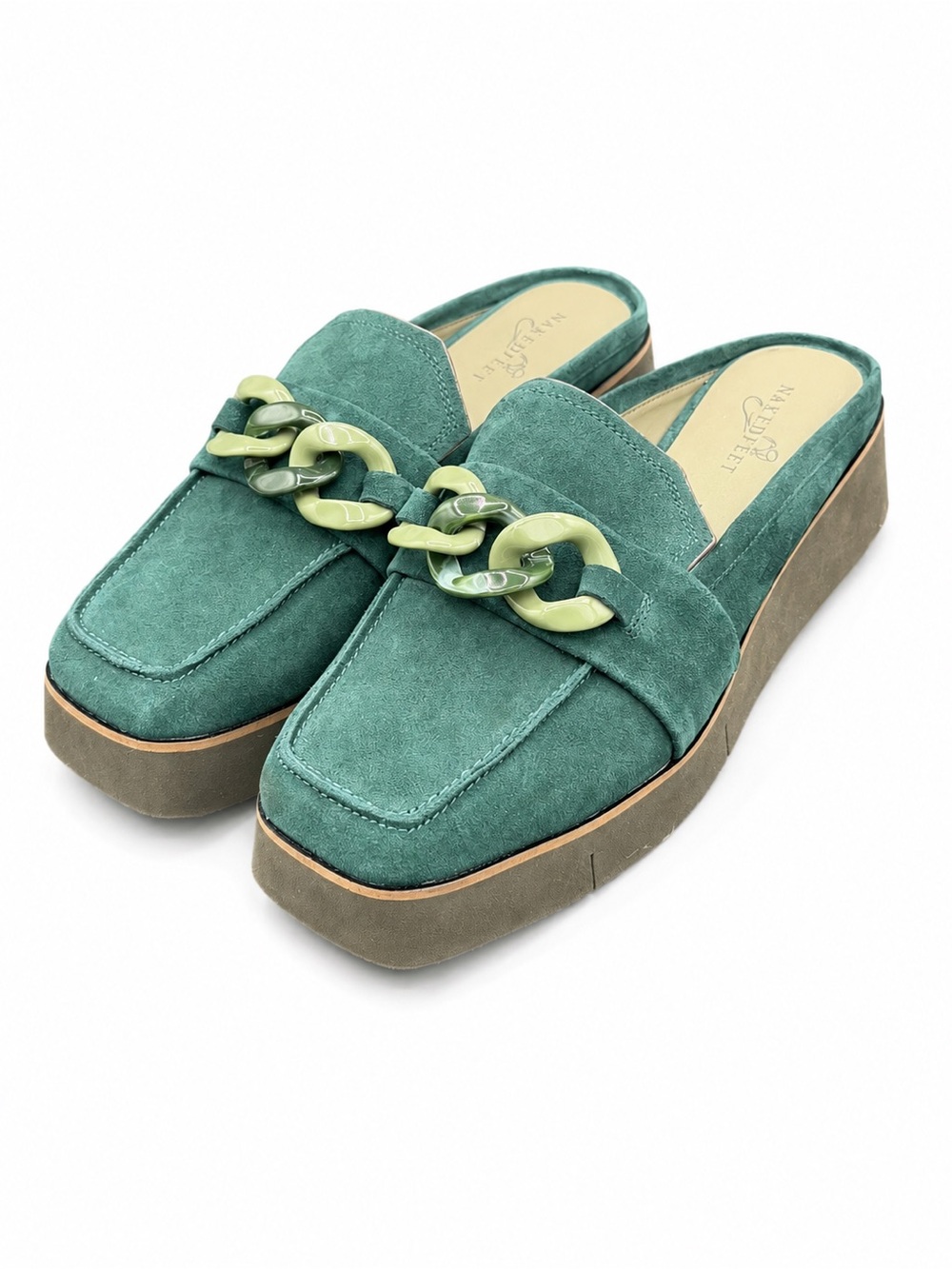 Naked Feet Elect Green Suede Platform Loafer Mules Chunky Chain Clogs Sz 10
